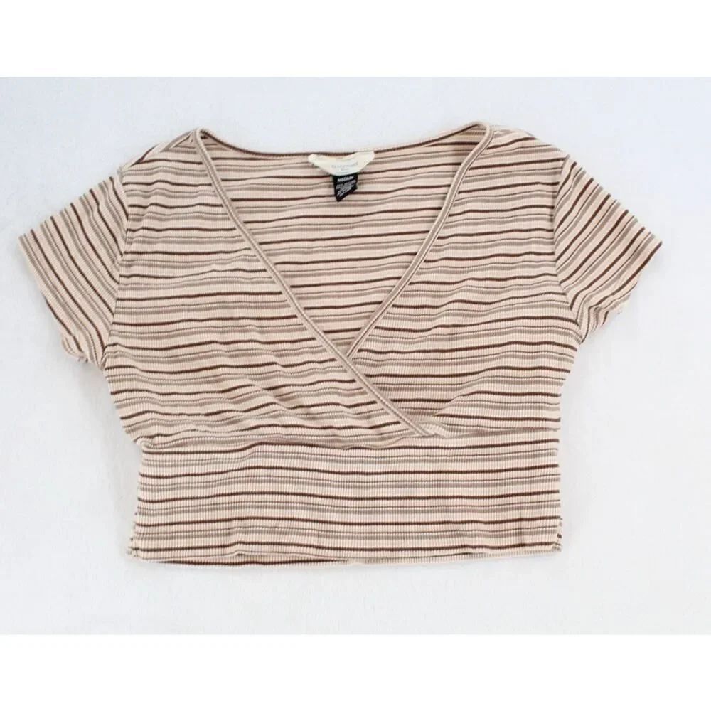 Y2K No Comment Striped Crop Top Wrap Front Short Sleeve Tee Shirt Size M
